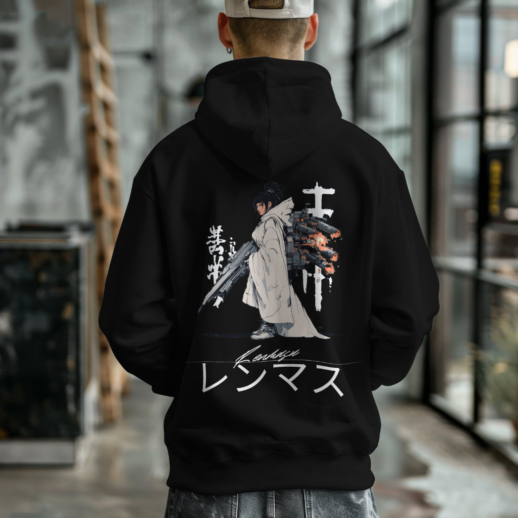 Guardian of Shadows Hoodie – Premium black streetwear featuring a cyber warrior in a cloaked design. Perfect for bold, futuristic fashion statements.