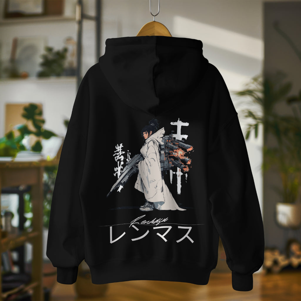 Guardian of Shadows Hoodie – Black hoodie featuring a cyber warrior with Japanese calligraphy. Perfect for bold, streetwear statements and futuristic fashion lovers.