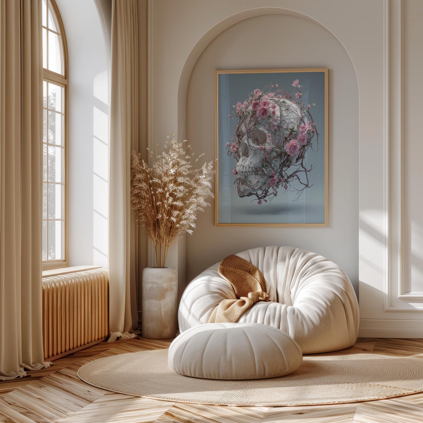 Floating White Skull Wrapped in Pink Roses