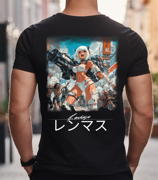 Man wearing the Apocalypse Queen Tee by Renmasu, featuring a bold anime-inspired female warrior with a futuristic design on a black premium cotton t-shirt.