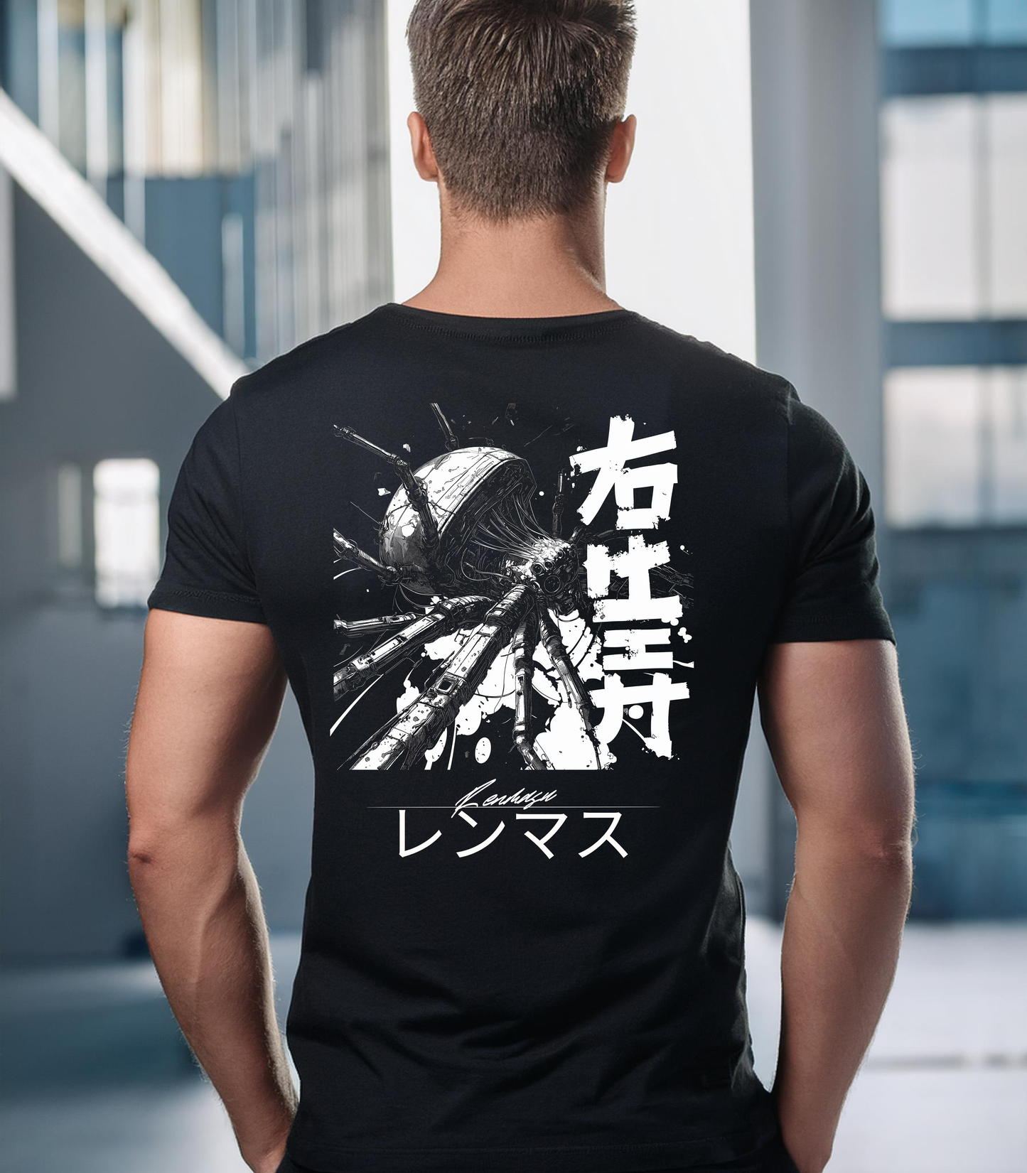 Man wearing the Arachnophobia Tee by Renmasu, featuring a bold cybernetic spider design with Japanese text on a black premium cotton t-shirt for streetwear style.