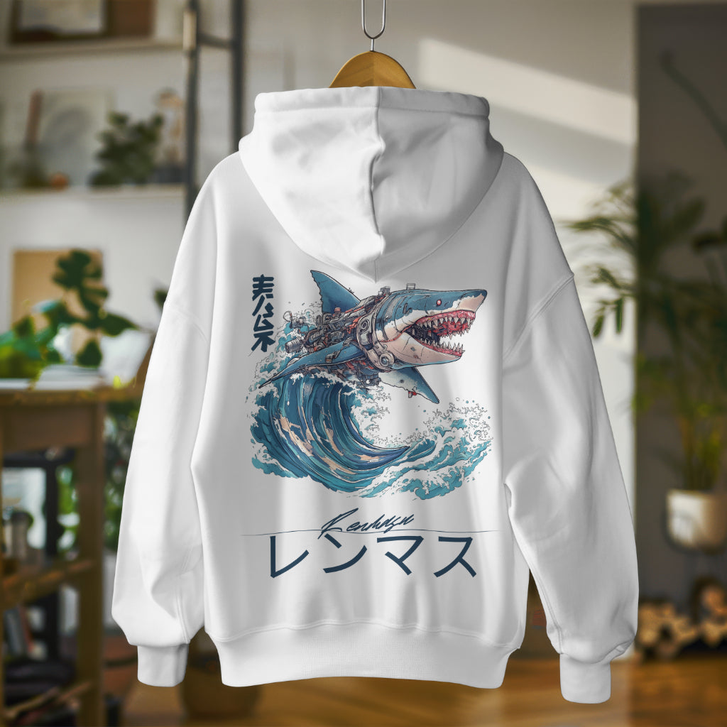 Renmasu Cyber Tide Hoodie – A bold statement in futuristic streetwear. Features a cyber-shark design with Japanese kanji, perfect for standout style.