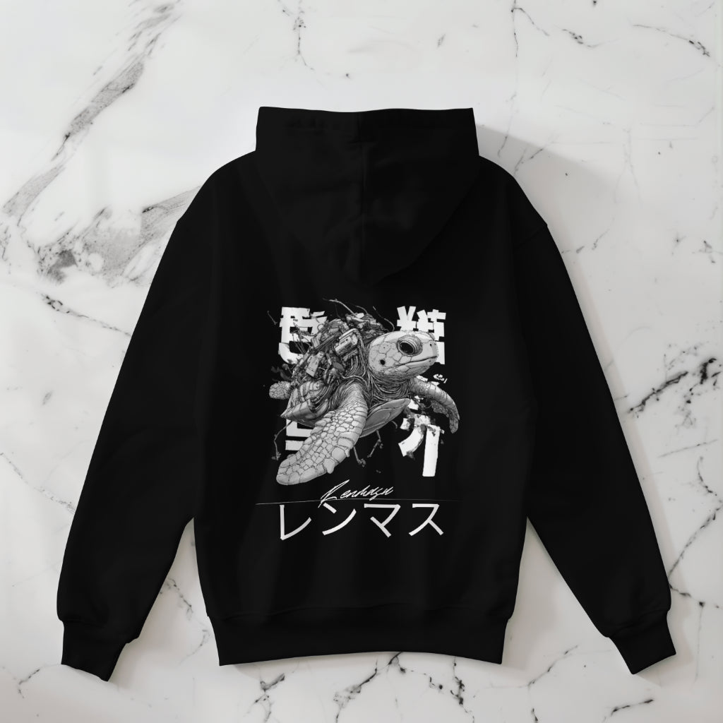 Renmasu black 'Sentinel Turtle' hoodie featuring a cyberpunk-inspired design of a mechanical sea turtle with intricate tech components fused into its shell. Japanese kanji elements complete the artwork, blending futuristic and nature-inspired streetwear design.