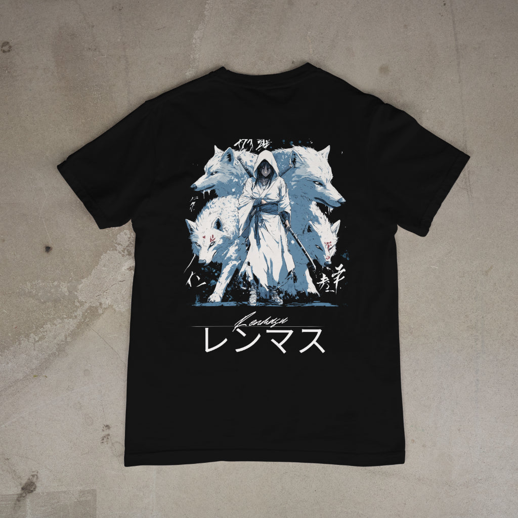 Prey T-Shirt – A bold black tee showcasing a powerful white-robed warrior guarded by three fierce white wolves with glowing red eyes. The design features Japanese kanji and the Renmasu logo, merging strength and elegance in a striking streetwear style.