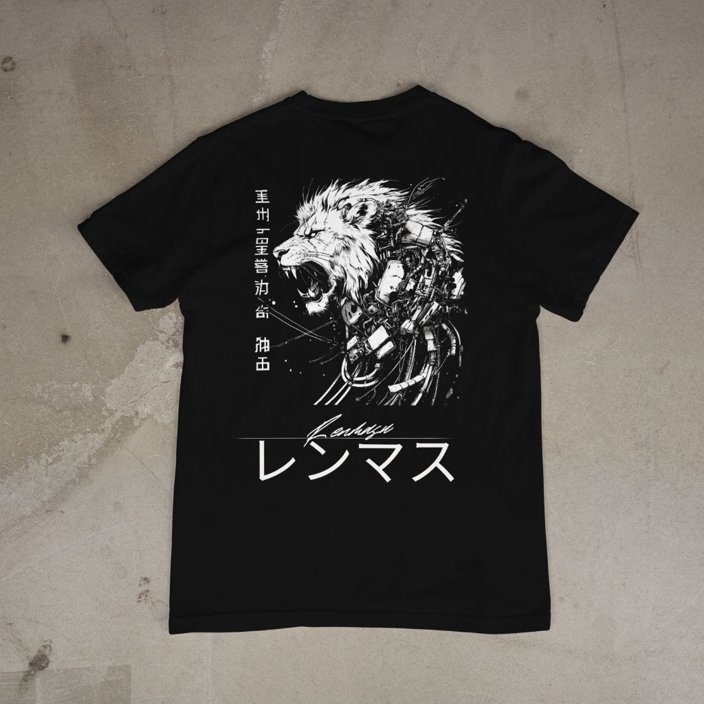 Lionheart T-Shirt – Featuring a roaring cybernetic lion with intricate mechanical details and Japanese kanji, finished with the bold Renmasu signature for a fierce statement on streetwear fashion.