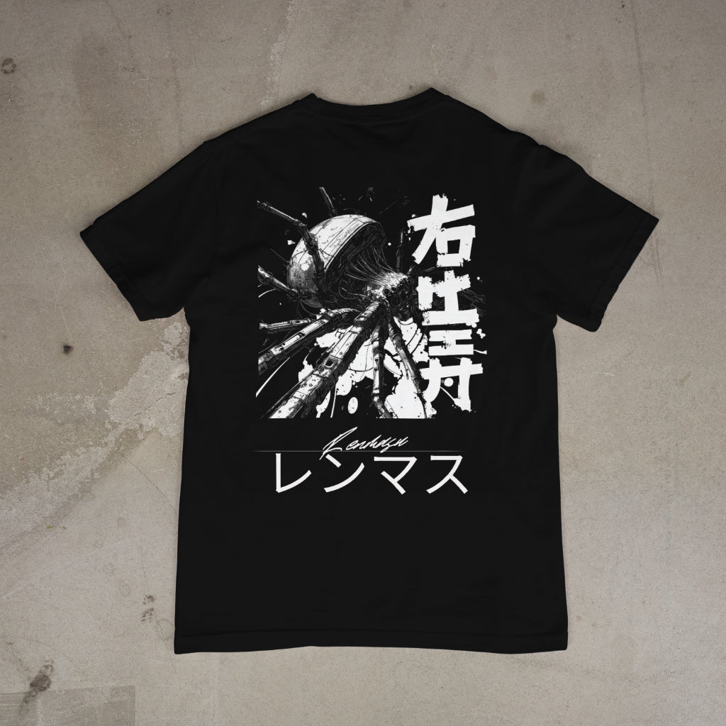 Flat lay of the Arachnophobia Tee by Renmasu, featuring a bold cybernetic spider design with Japanese text on a black premium cotton t-shirt for streetwear style.