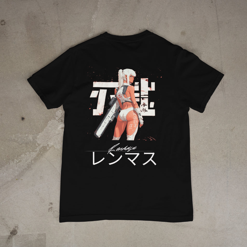 Renmasu 'Rogue Warrior' black t-shirt with a bold anime-inspired design featuring a futuristic female warrior holding a high-tech weapon against Japanese kanji elements. Perfect for cyberpunk streetwear and anime fashion enthusiasts.