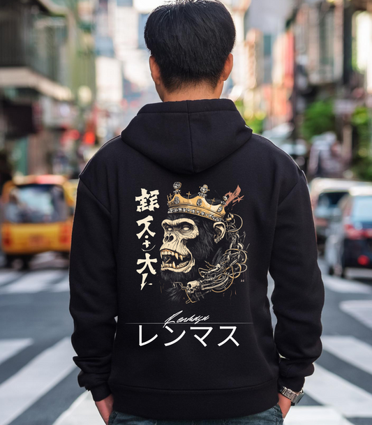 Renmasu Crowned Beast Hoodie featuring a fierce crowned gorilla design with intricate Japanese calligraphy, perfect for streetwear fashion enthusiasts.