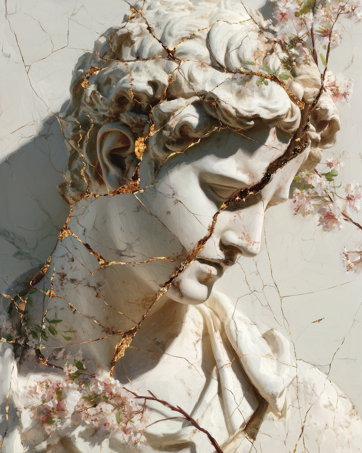 Cracked Marble David with Gold Veins & Blossoms