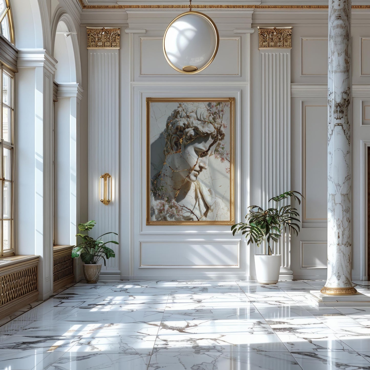 Cracked Marble David with Gold Veins & Blossoms