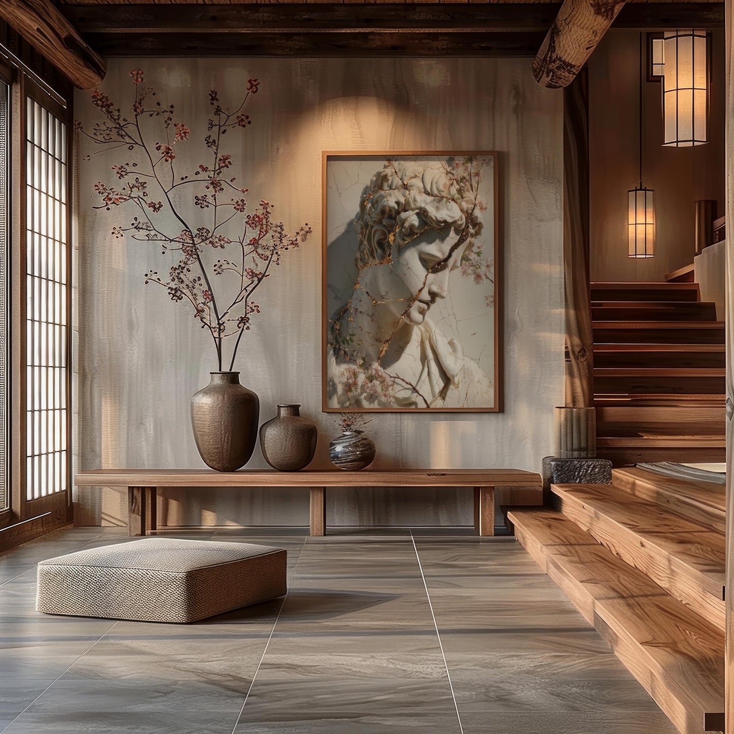 Cracked Marble David with Gold Veins & Blossoms