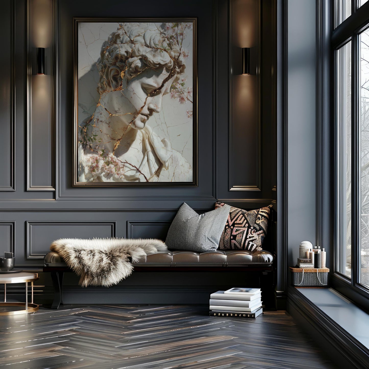 Cracked Marble David with Gold Veins & Blossoms