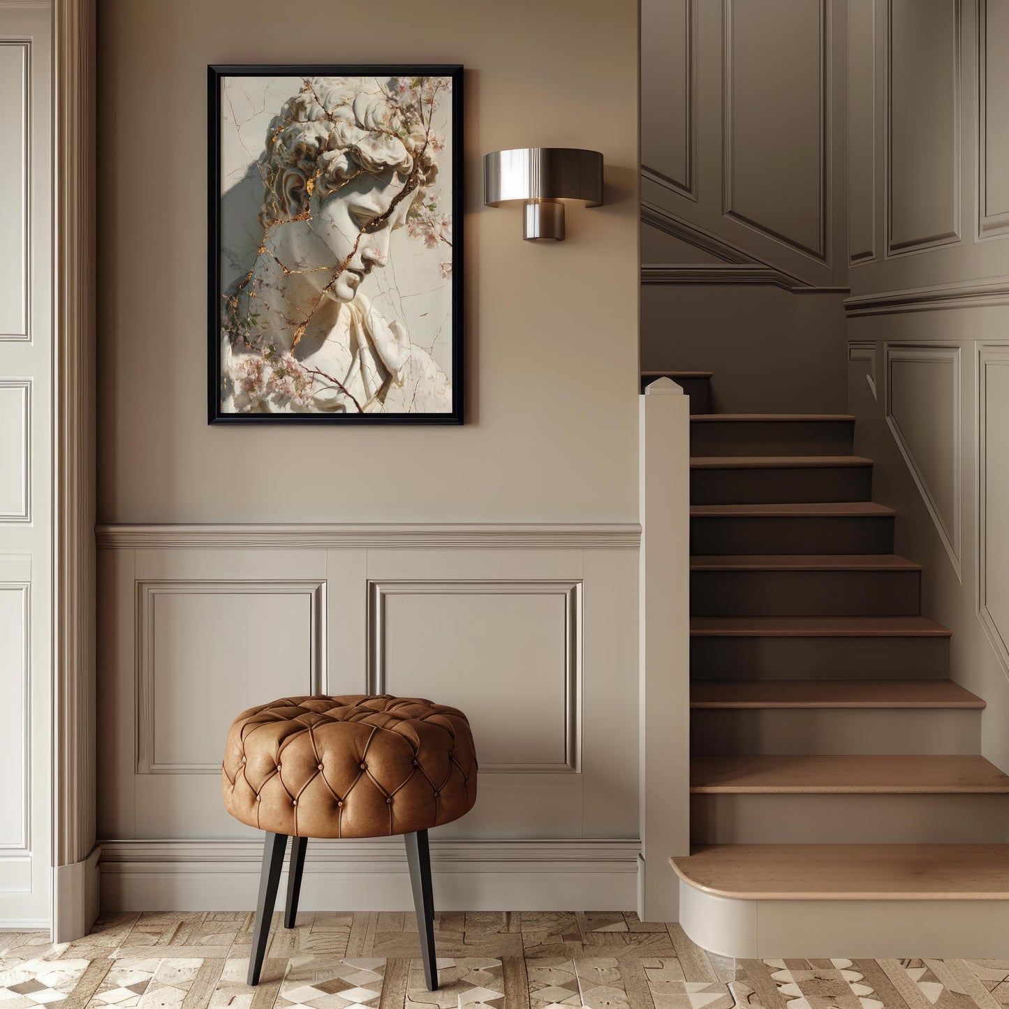 Cracked Marble David with Gold Veins & Blossoms