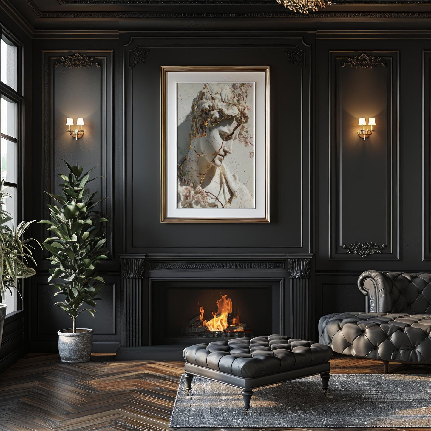 Cracked Marble David with Gold Veins & Blossoms