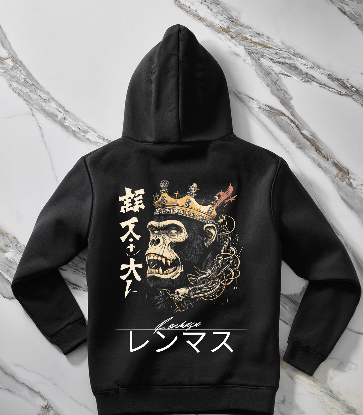 Renmasu Crowned Beast Hoodie – Bold design featuring a fierce crowned gorilla with cyberpunk elements and Japanese calligraphy. Perfect for streetwear fashion.