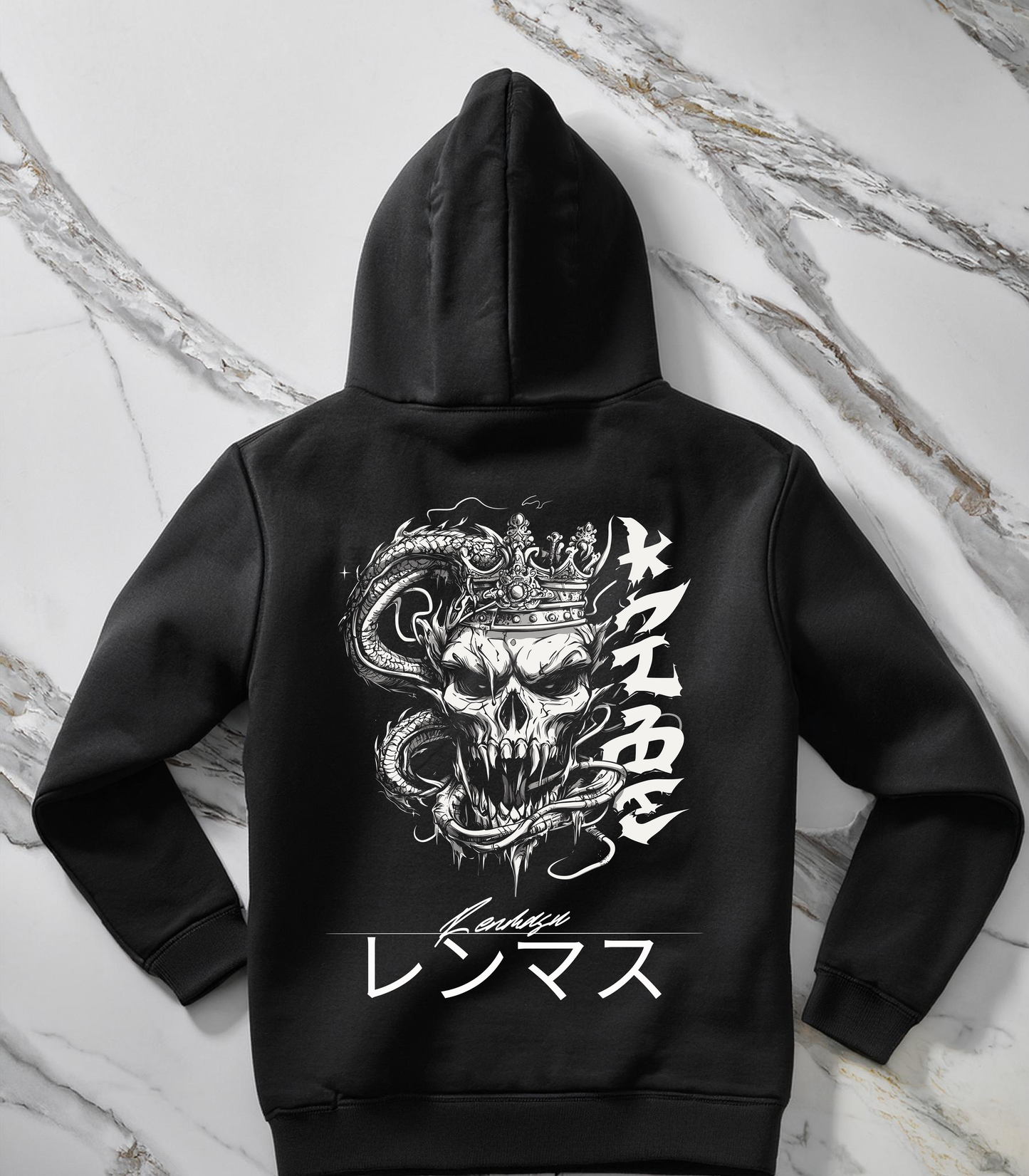 Renmasu Cursed King Hoodie – Dark streetwear featuring a crowned skull entwined with a serpent, Japanese kanji, and gothic art for a bold statement piece.