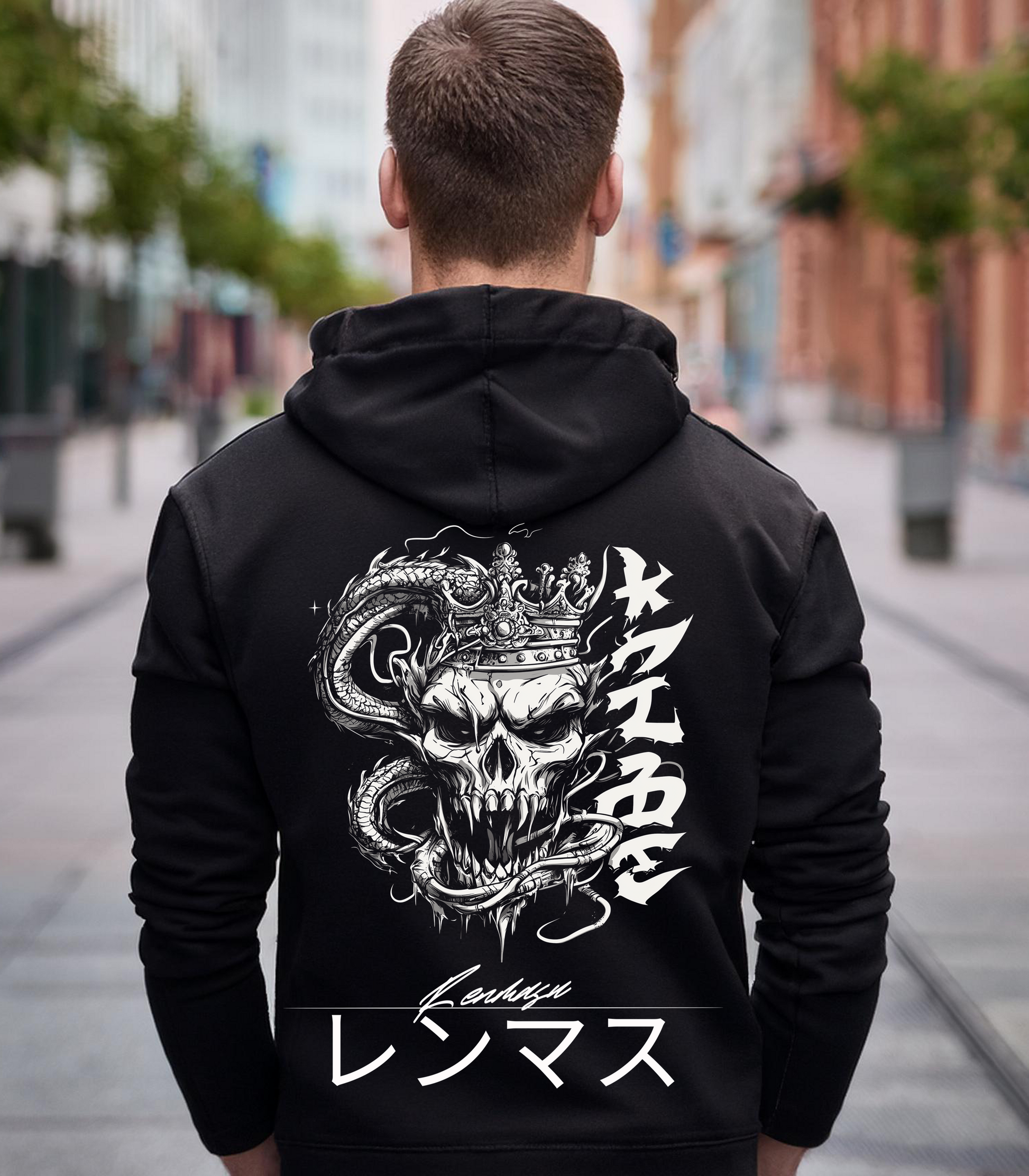 Renmasu Cursed King Hoodie – Striking streetwear featuring a crowned skull entangled with a serpent, blending dark fantasy art and Japanese calligraphy.