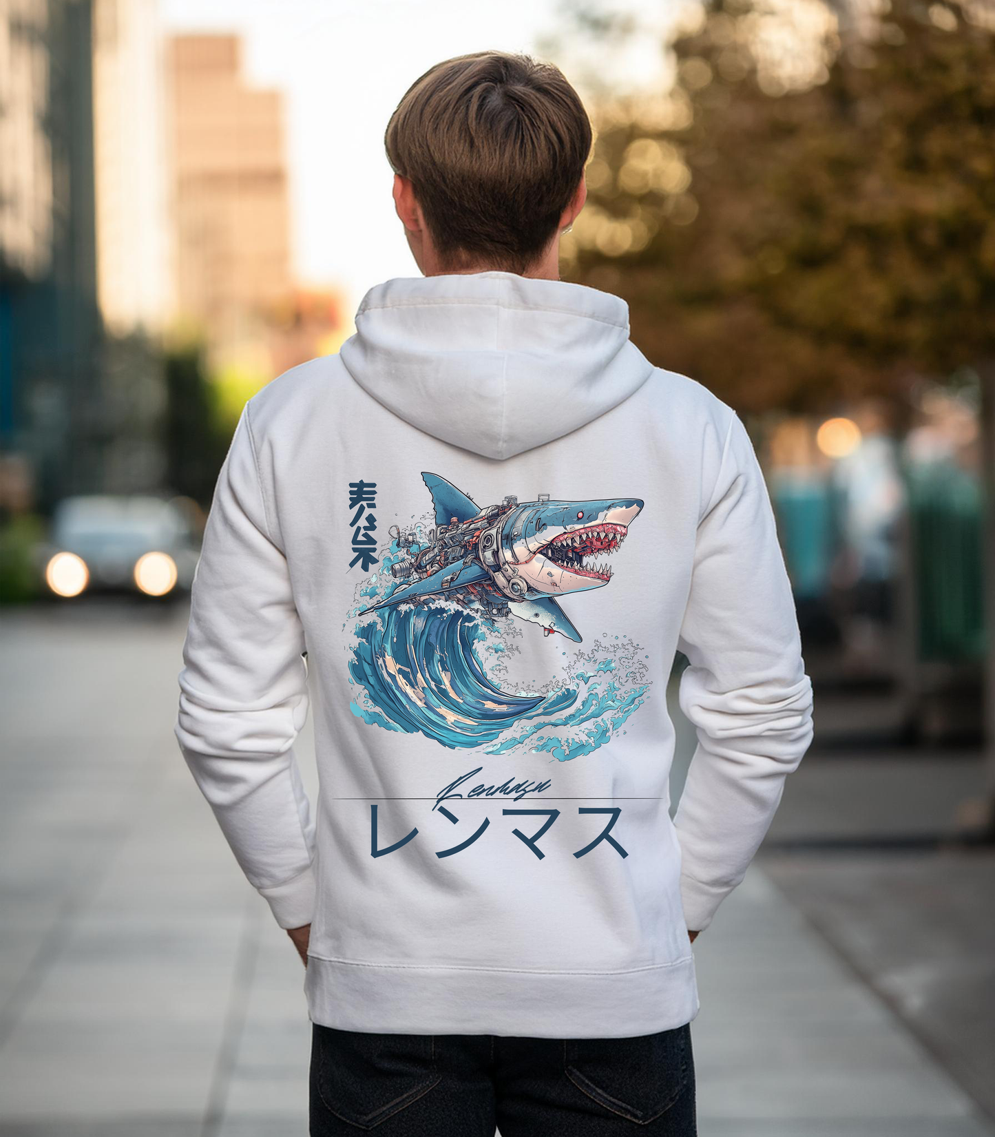 Renmasu Cyber Tide Hoodie – Futuristic streetwear featuring a cybernetic shark design with Japanese kanji, making waves in bold fashion statements.