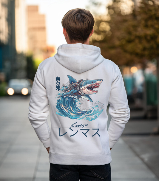 Renmasu Cyber Tide Hoodie – Futuristic streetwear featuring a cybernetic shark design with Japanese kanji, making waves in bold fashion statements.