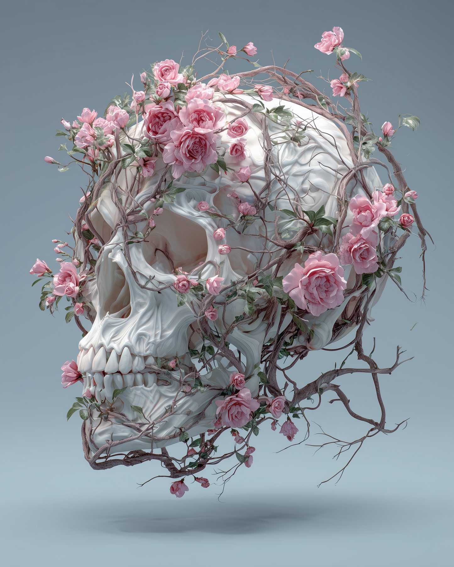 Floating White Skull Wrapped in Pink Roses
