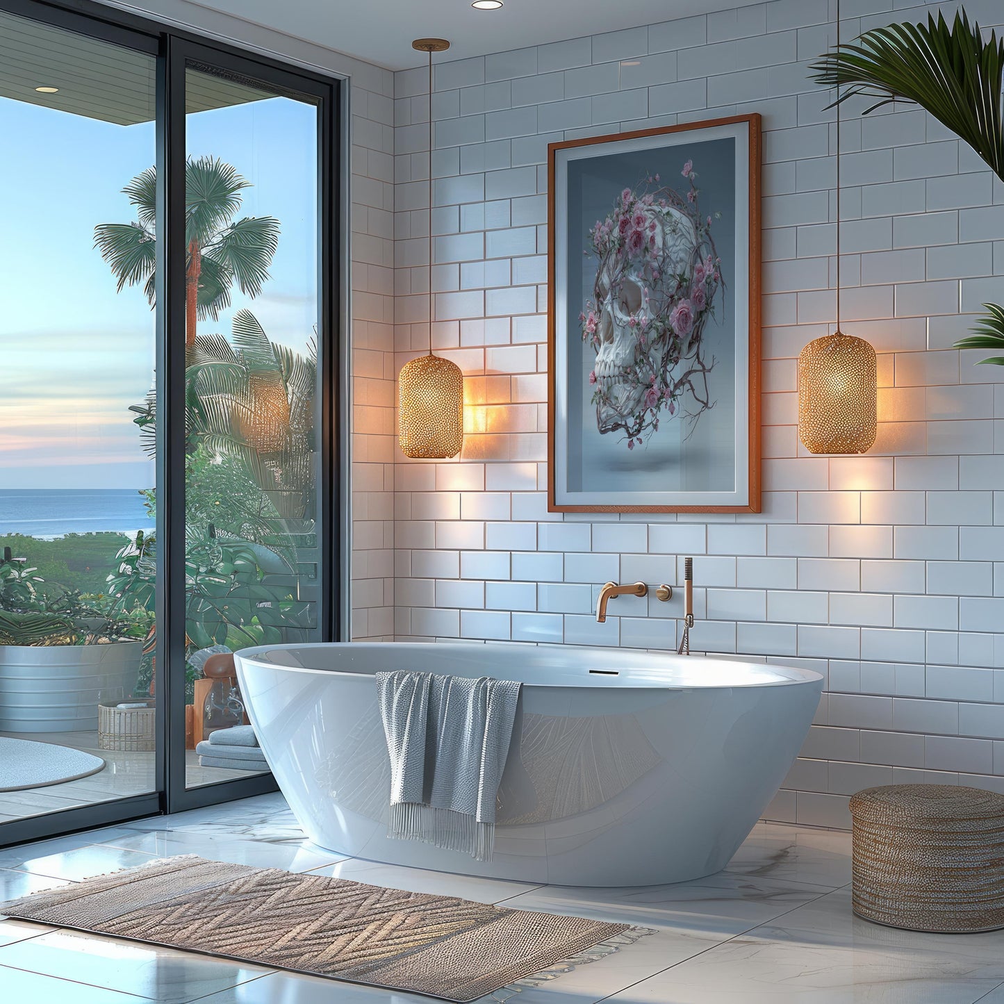 Floating White Skull Wrapped in Pink Roses