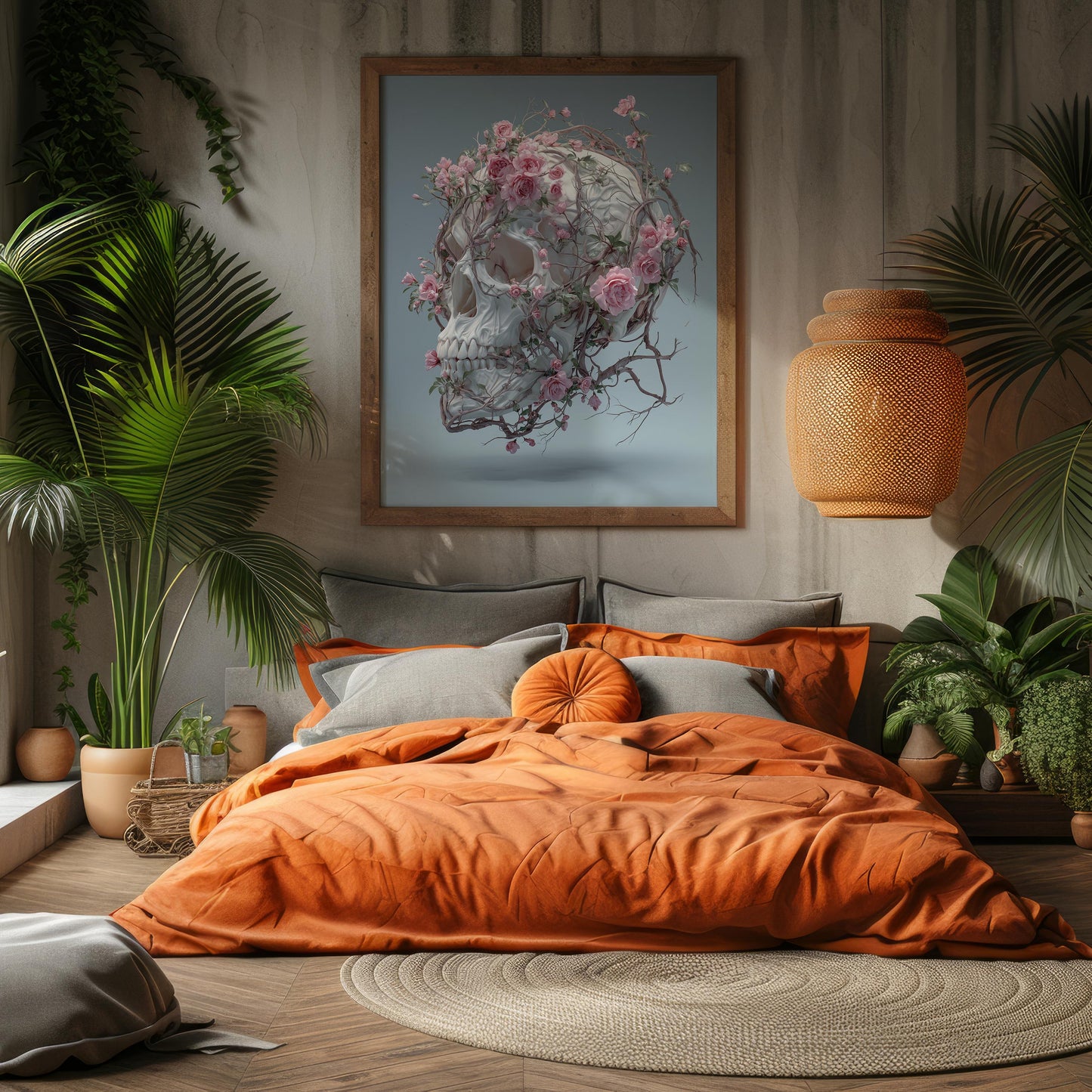 Floating White Skull Wrapped in Pink Roses