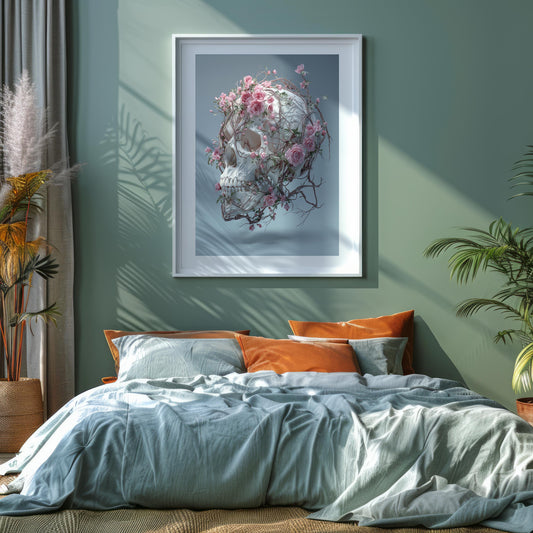 Floating White Skull Wrapped in Pink Roses