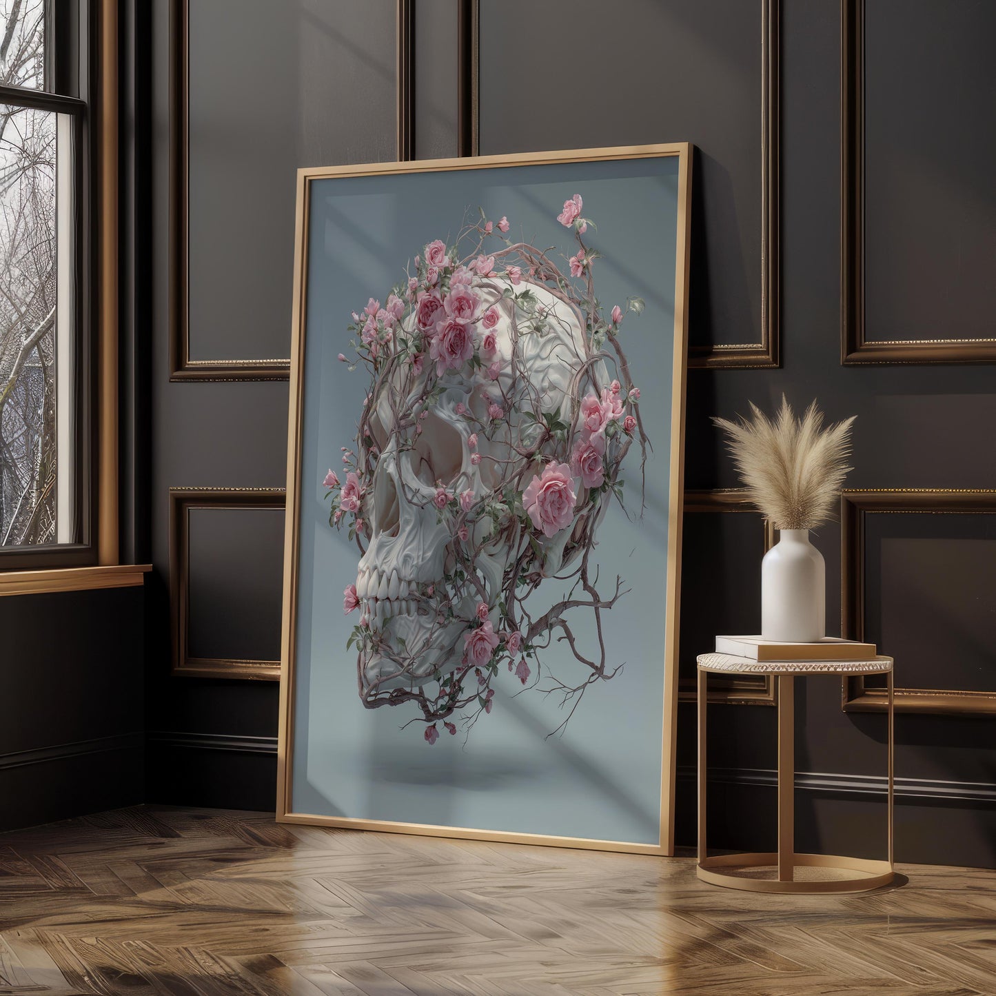 Floating White Skull Wrapped in Pink Roses