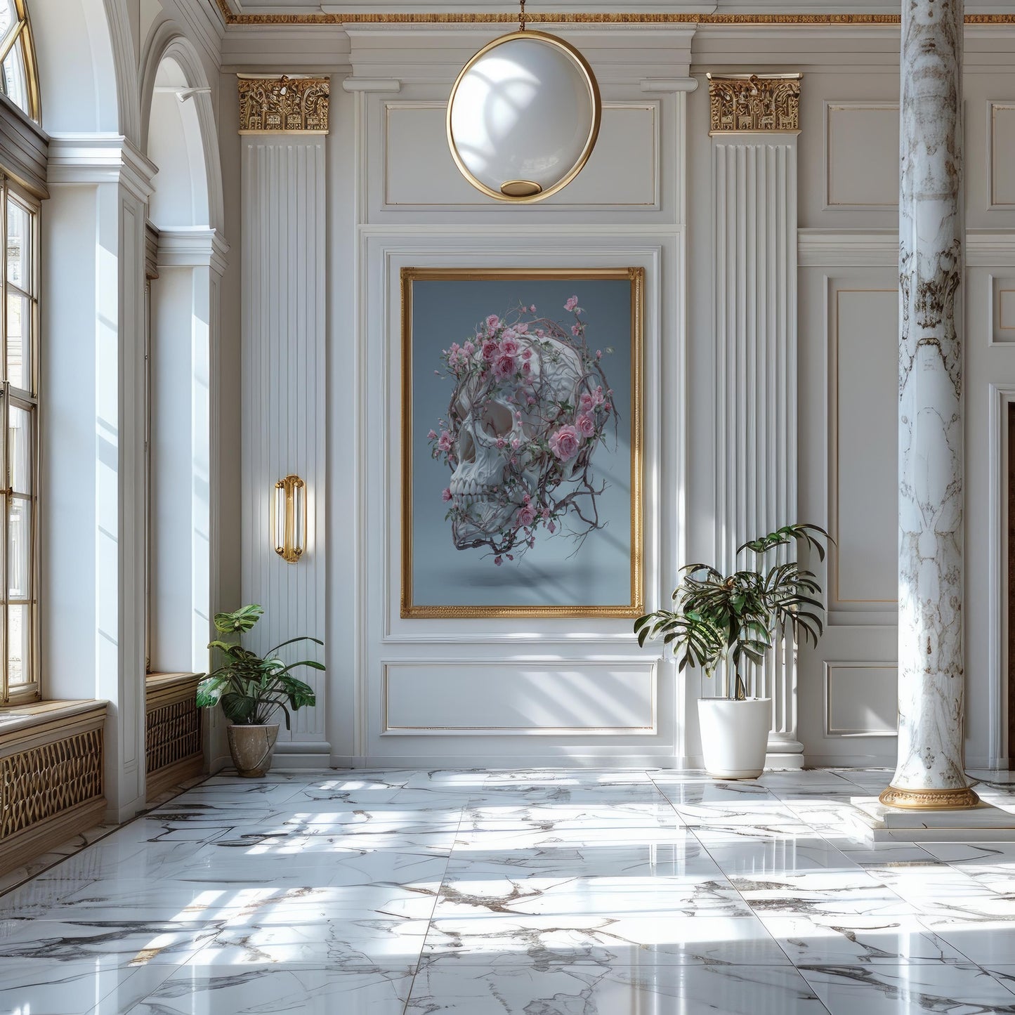 Floating White Skull Wrapped in Pink Roses