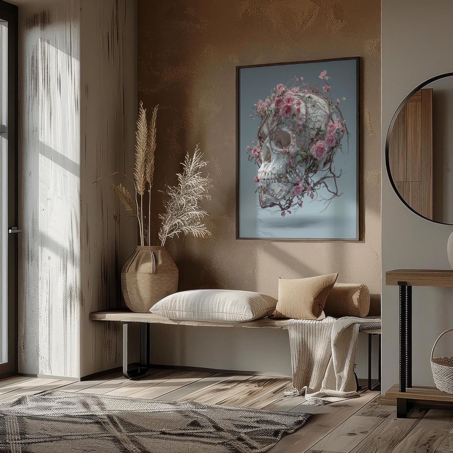 Floating White Skull Wrapped in Pink Roses