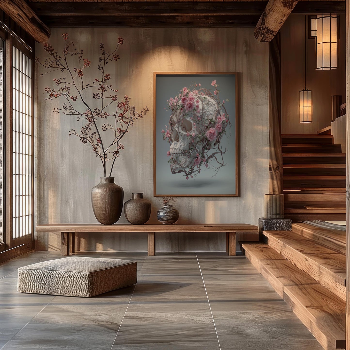 Floating White Skull Wrapped in Pink Roses