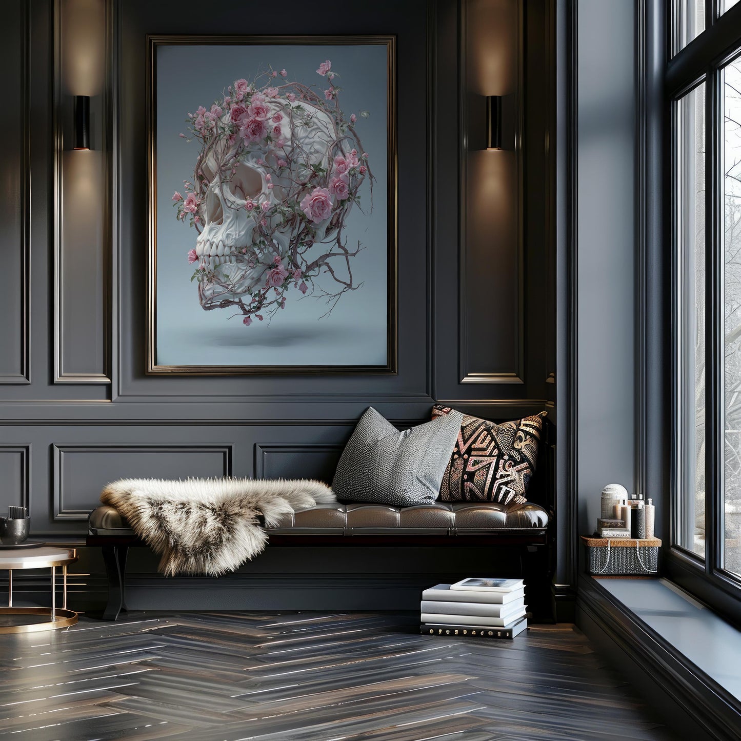 Floating White Skull Wrapped in Pink Roses