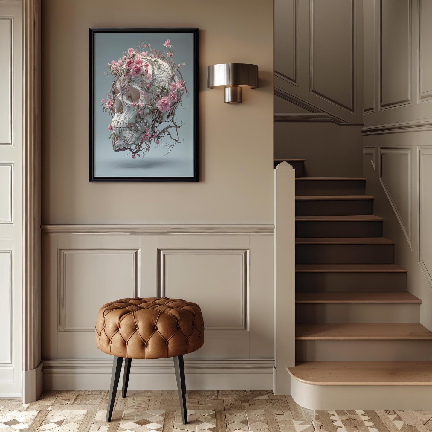 Floating White Skull Wrapped in Pink Roses