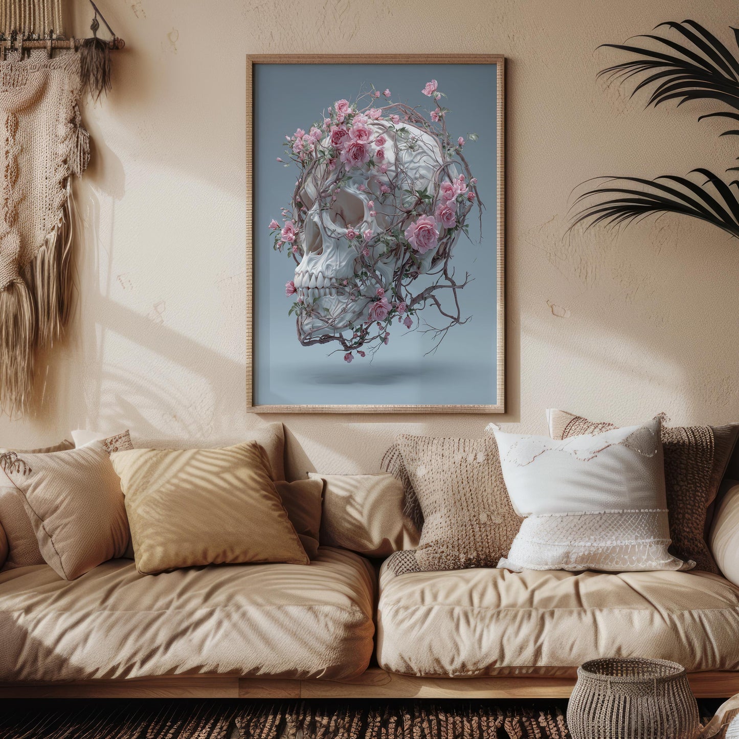 Floating White Skull Wrapped in Pink Roses