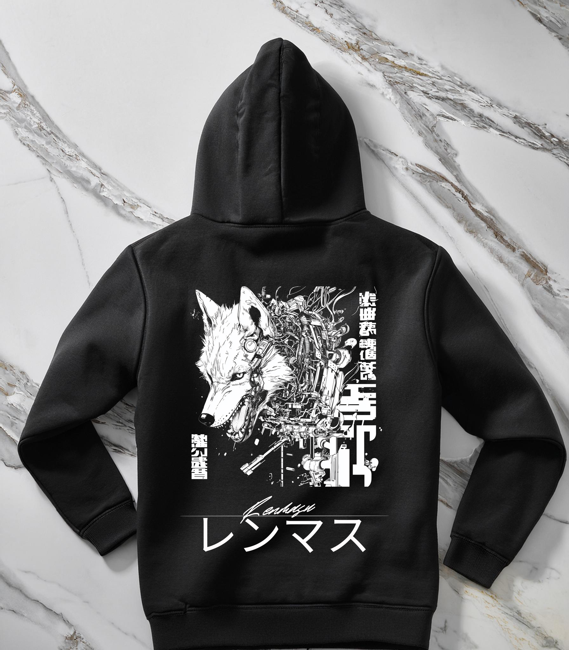 Ironfang Hoodie – Unleash your bold side with this cybernetic wolf design, accented by Japanese kanji and the Renmasu logo. Premium comfort meets futuristic streetwear.