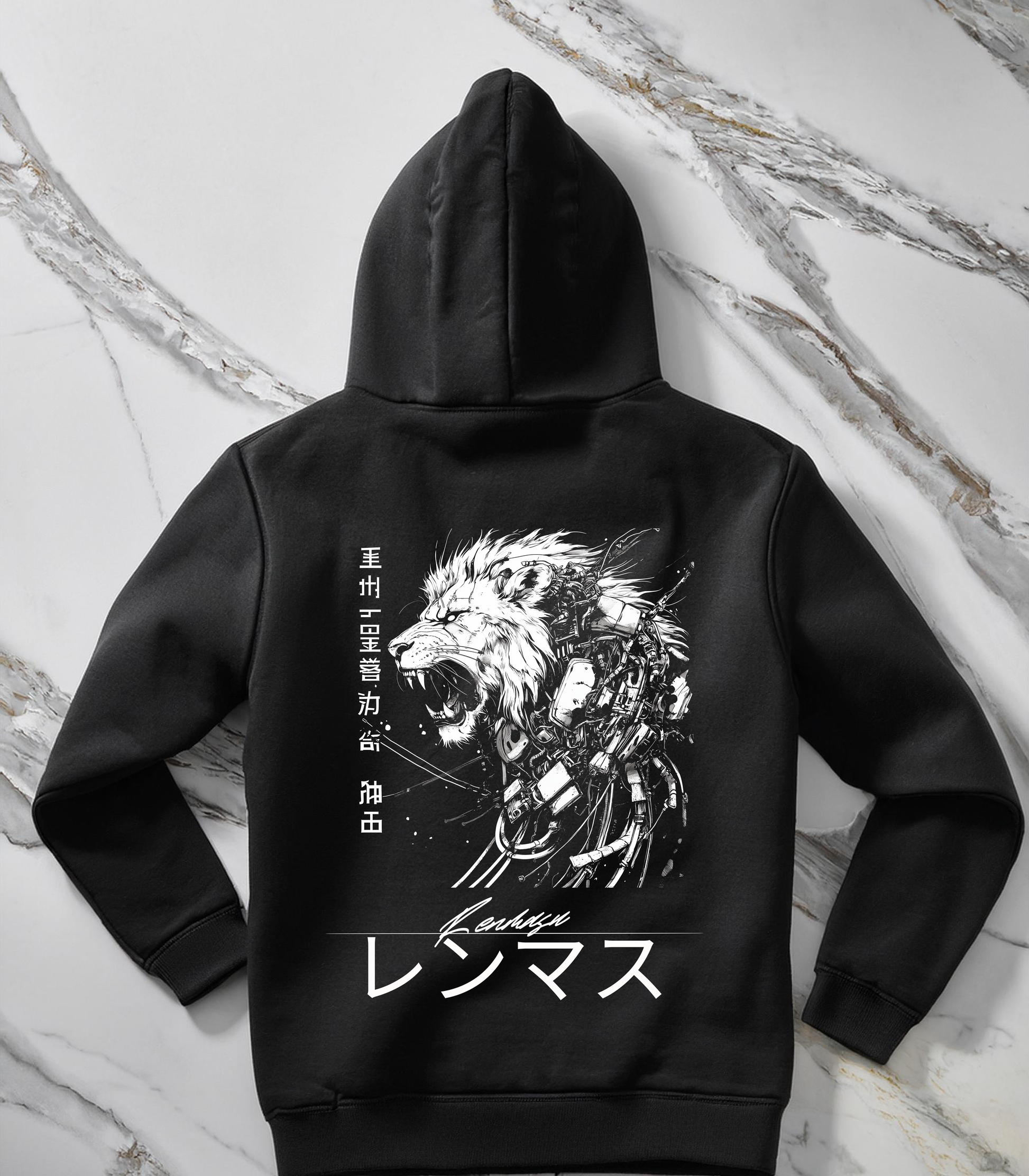 Lionheart Hoodie – Featuring a powerful cybernetic lion design blended with futuristic elements and Japanese kanji, complete with the Renmasu logo. Ideal for streetwear enthusiasts seeking bold and unique apparel.