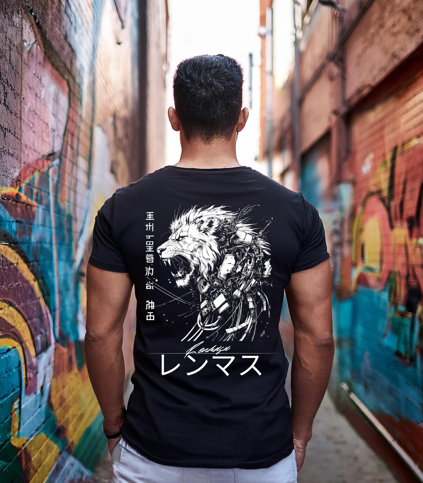 Lionheart T-Shirt – Command attention with the fierce cybernetic lion design, showcasing mechanical intricacy fused with Japanese kanji and the signature Renmasu logo for a powerful streetwear look.