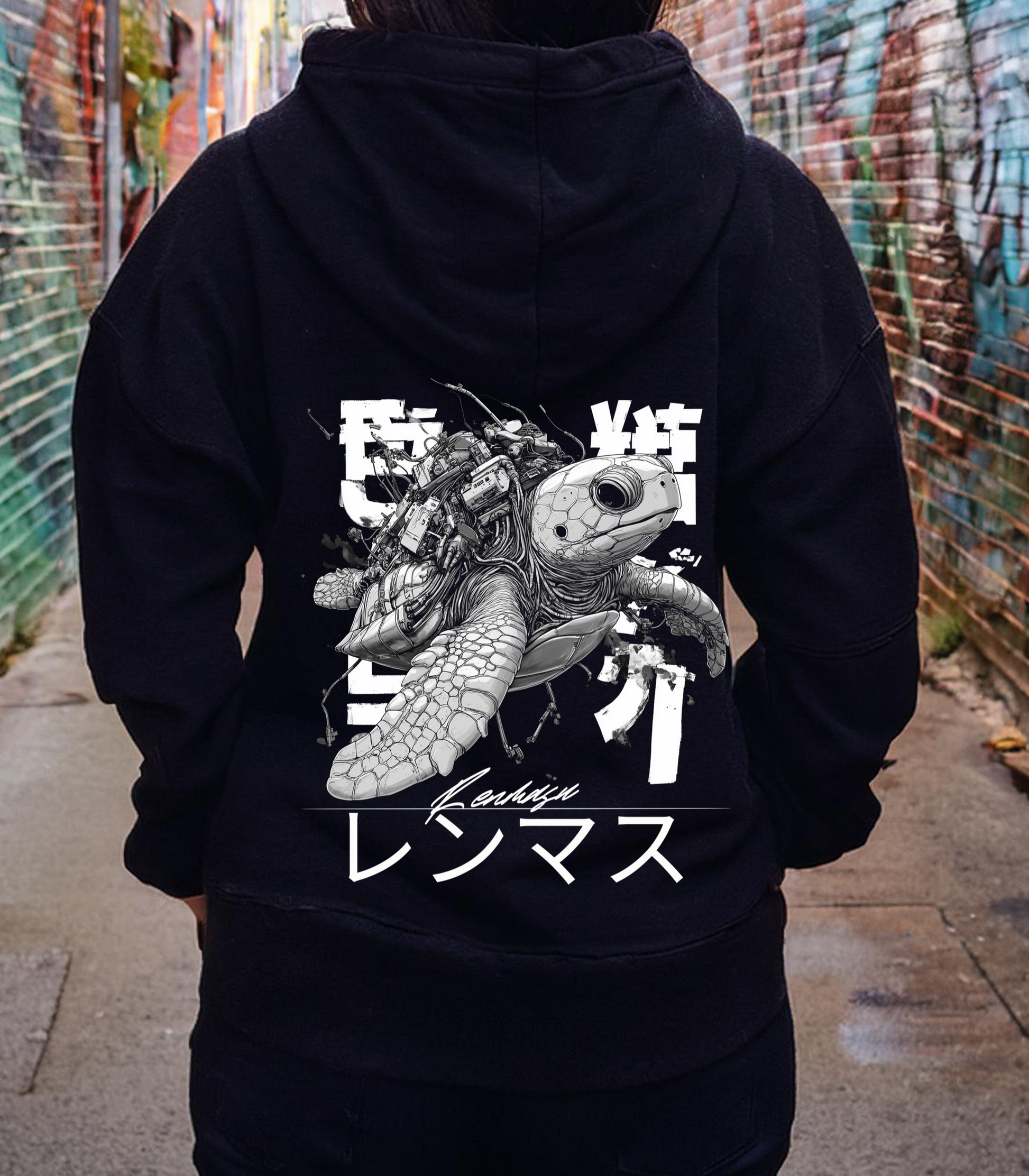 Renmasu black 'Sentinel Turtle' hoodie featuring a detailed cybernetic sea turtle design with mechanical components integrated into the shell. The hoodie blends Japanese kanji elements and street art style, perfect for urban streetwear fashion.