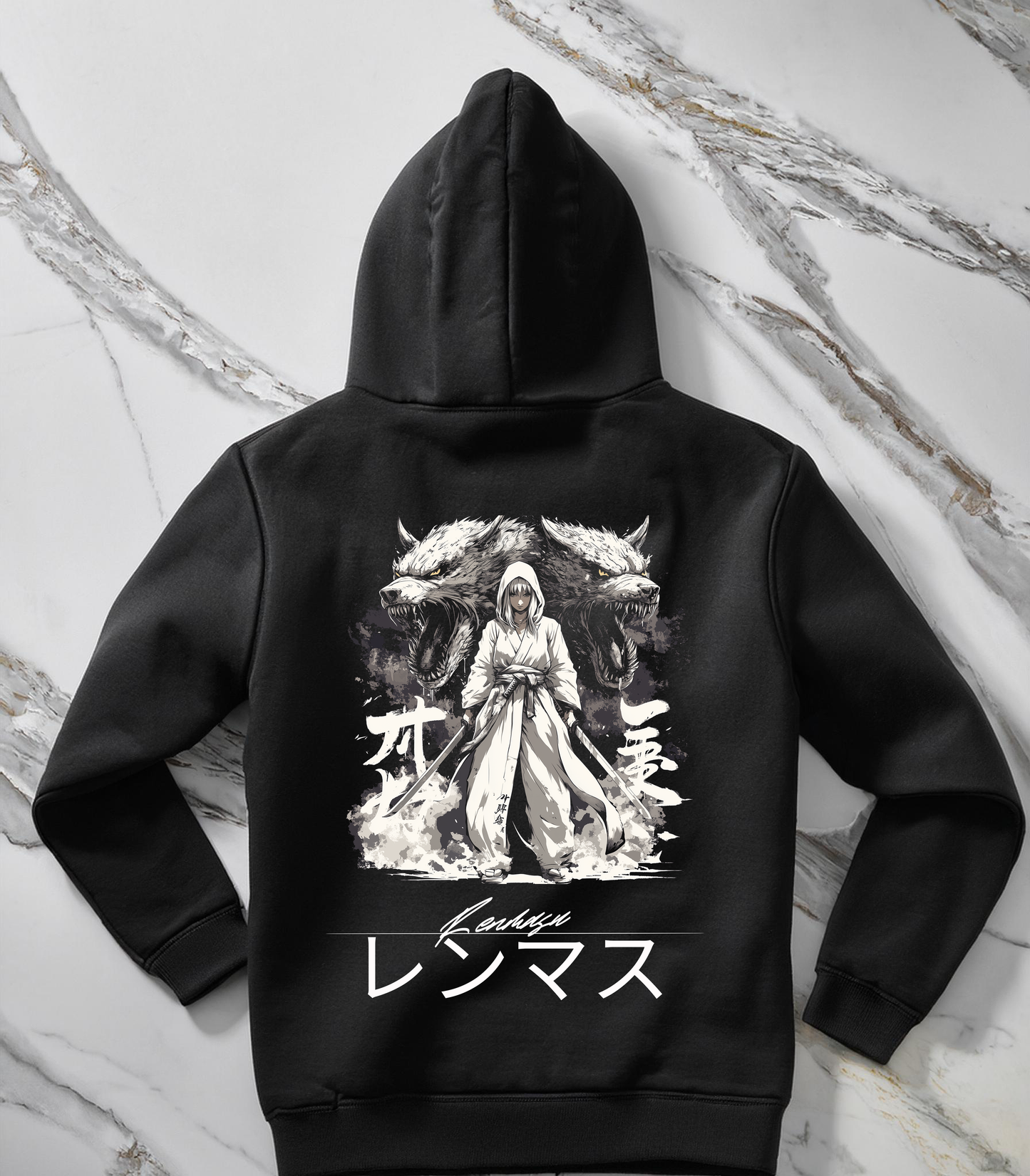 Mother of Wolves Hoodie – Showcasing a powerful figure in a flowing white robe, armed with dual swords, backed by two snarling wolves. The detailed art combines Japanese kanji and the Renmasu signature for a bold, mythical streetwear piece.