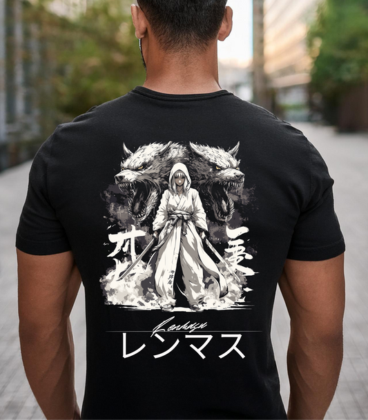 Mother of Wolves Tee – Featuring a mysterious figure in a flowing white robe, dual-wielding swords, flanked by two fierce wolves. Bold Japanese kanji and the Renmasu logo complete this striking streetwear design.