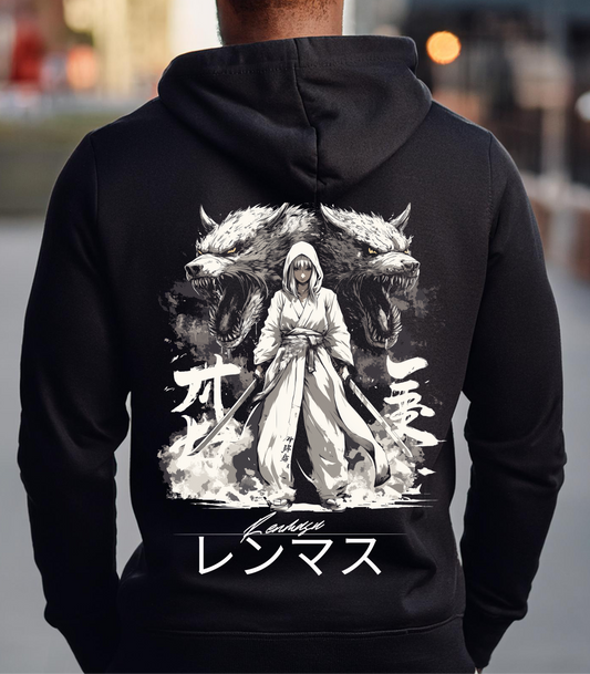 Mother of Wolves Hoodie – Featuring a mysterious warrior clad in a white robe with dual swords, flanked by two fierce wolves, combined with Japanese kanji and the Renmasu signature for a powerful streetwear statement.