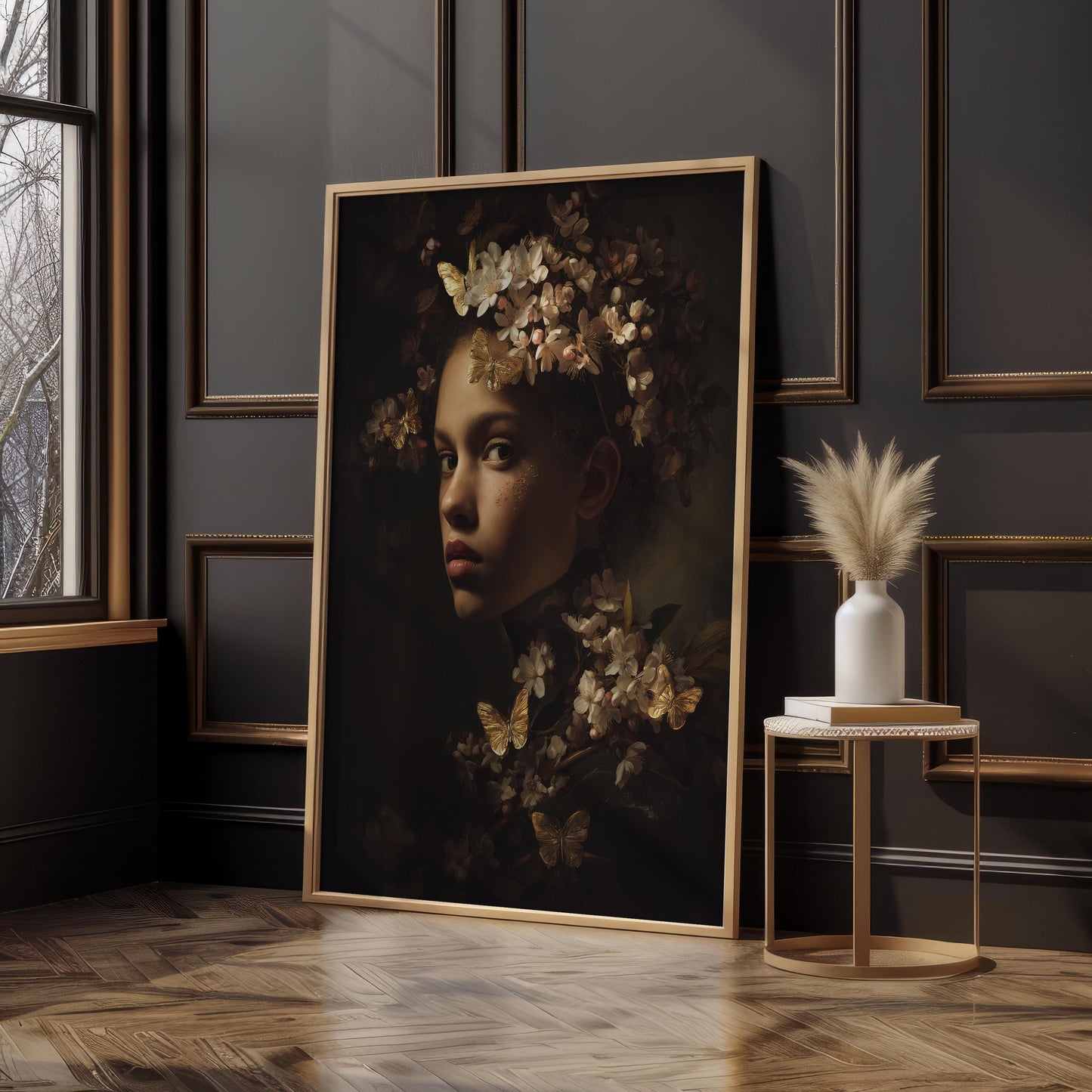Portrait with Gold Butterflies & Floral Crown