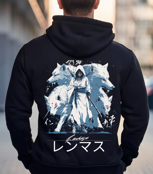 Prey Hoodie – A captivating design featuring a hooded figure in white robes, flanked by four ethereal white wolves with piercing red eyes. The Renmasu logo and Japanese kanji elements complete the mystical and powerful streetwear look.