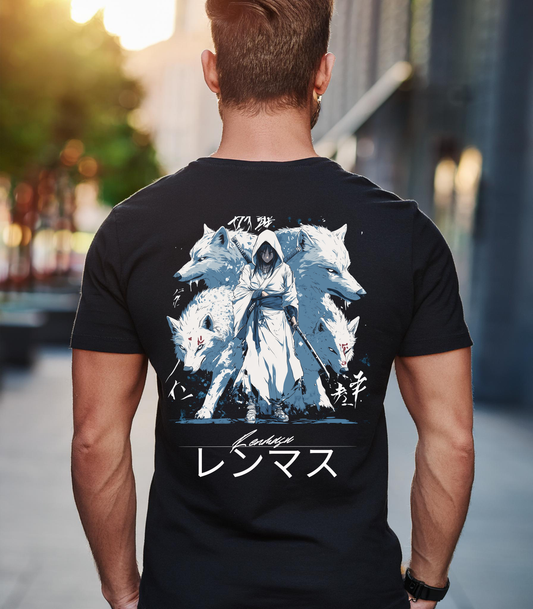 Prey Tee – A powerful black tee featuring a mysterious warrior in white robes, flanked by three ethereal white wolves with piercing red eyes. The Renmasu logo and Japanese kanji add a bold cultural fusion, making it perfect for streetwear enthusiasts who seek a blend of style and strength.