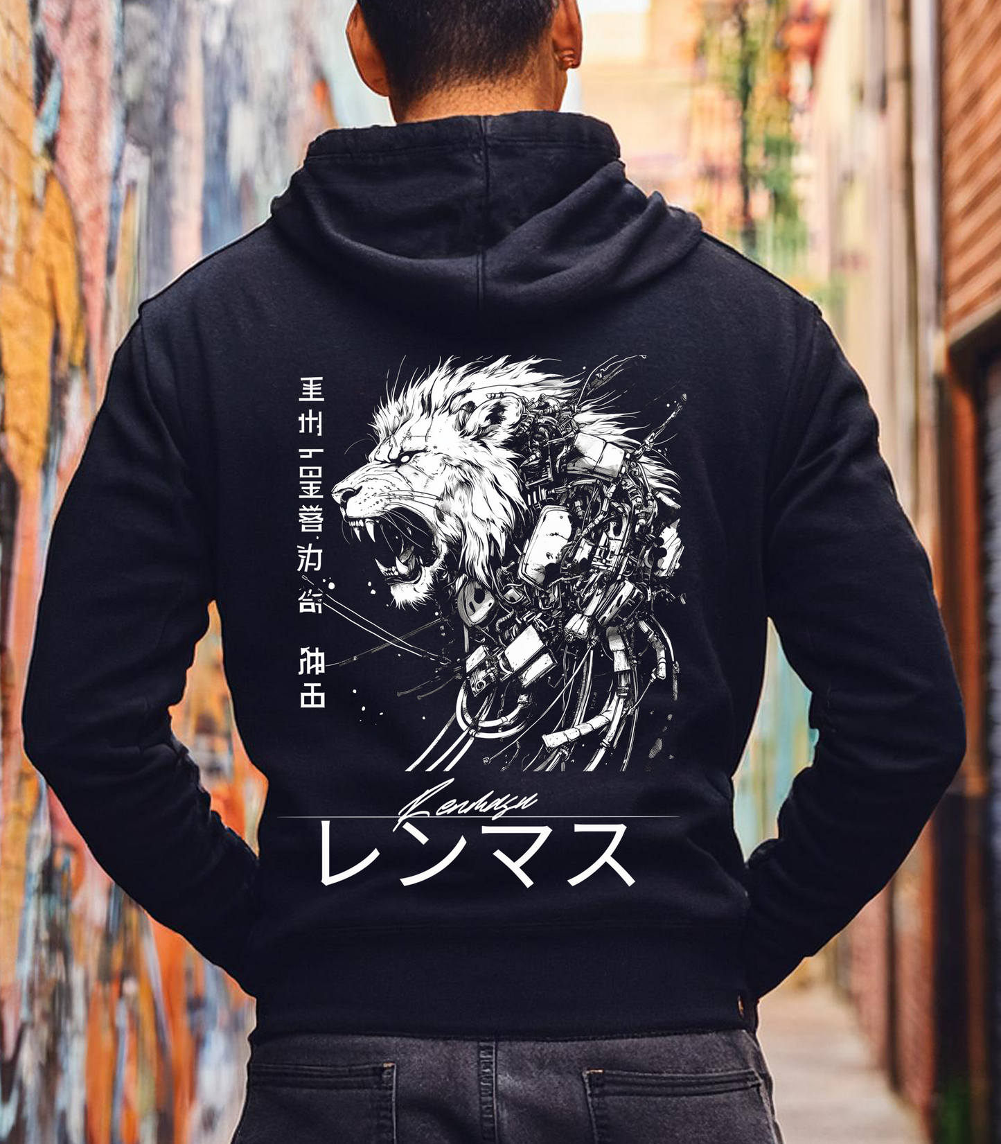 Lionheart Hoodie – Unleash your inner strength with this cybernetic lion design featuring intricate mechanical details and Japanese kanji, paired with the Renmasu logo for a bold streetwear statement.