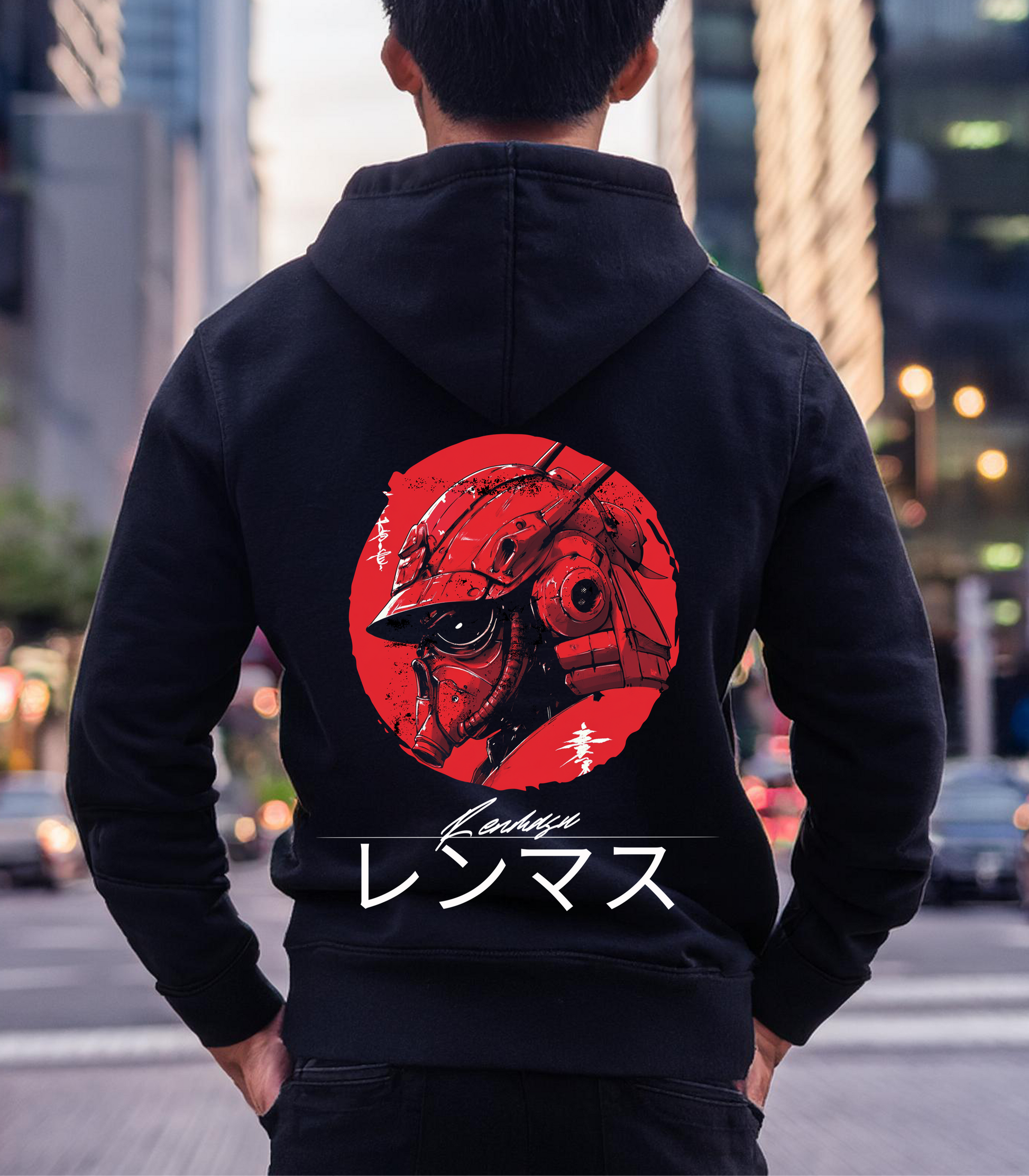 A black hoodie featuring a bold red cyber samurai design on the back, with a futuristic helmet illustration surrounded by Japanese calligraphy in a circular red background. The Renmasu logo is displayed below the design in white, blending modern streetwear style with cyberpunk and Japanese influences