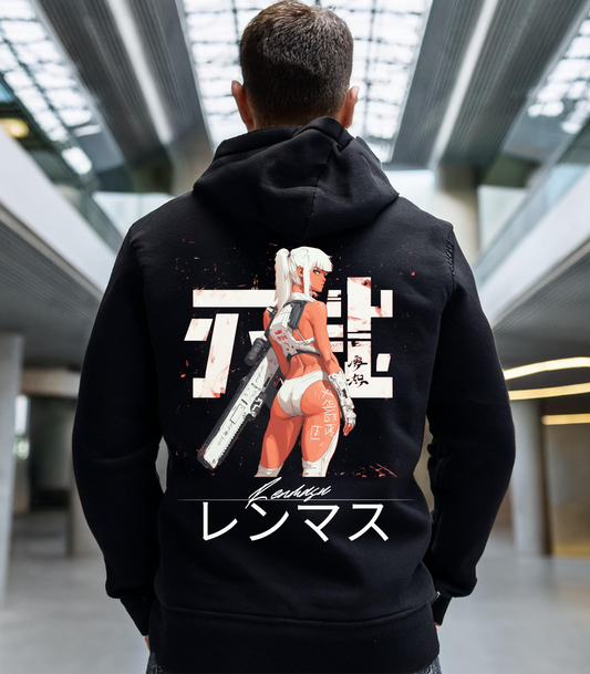 A black hoodie featuring a futuristic, cyberpunk-inspired design on the back. The design showcases a female character with long white hair in a high ponytail, wearing a revealing tactical bodysuit with Japanese kanji accents and holding a large futuristic firearm. The artwork incorporates red and white elements, with bold Japanese calligraphy and the 'Renmasu' logo displayed prominently in white below the design. 