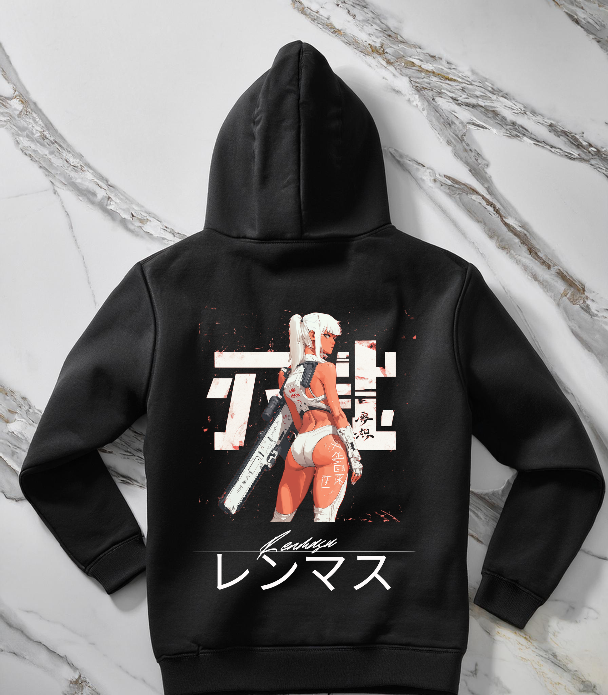 Renmasu black hoodie featuring a cyberpunk-inspired female warrior design. The graphic showcases a futuristic female character with long white hair, tactical armor, and a large futuristic rifle, set against bold Japanese kanji symbols and splatter effects. The 'Renmasu' logo is displayed prominently below the artwork. Perfect for streetwear fashion enthusiasts and cyberpunk culture fans seeking bold statement pieces