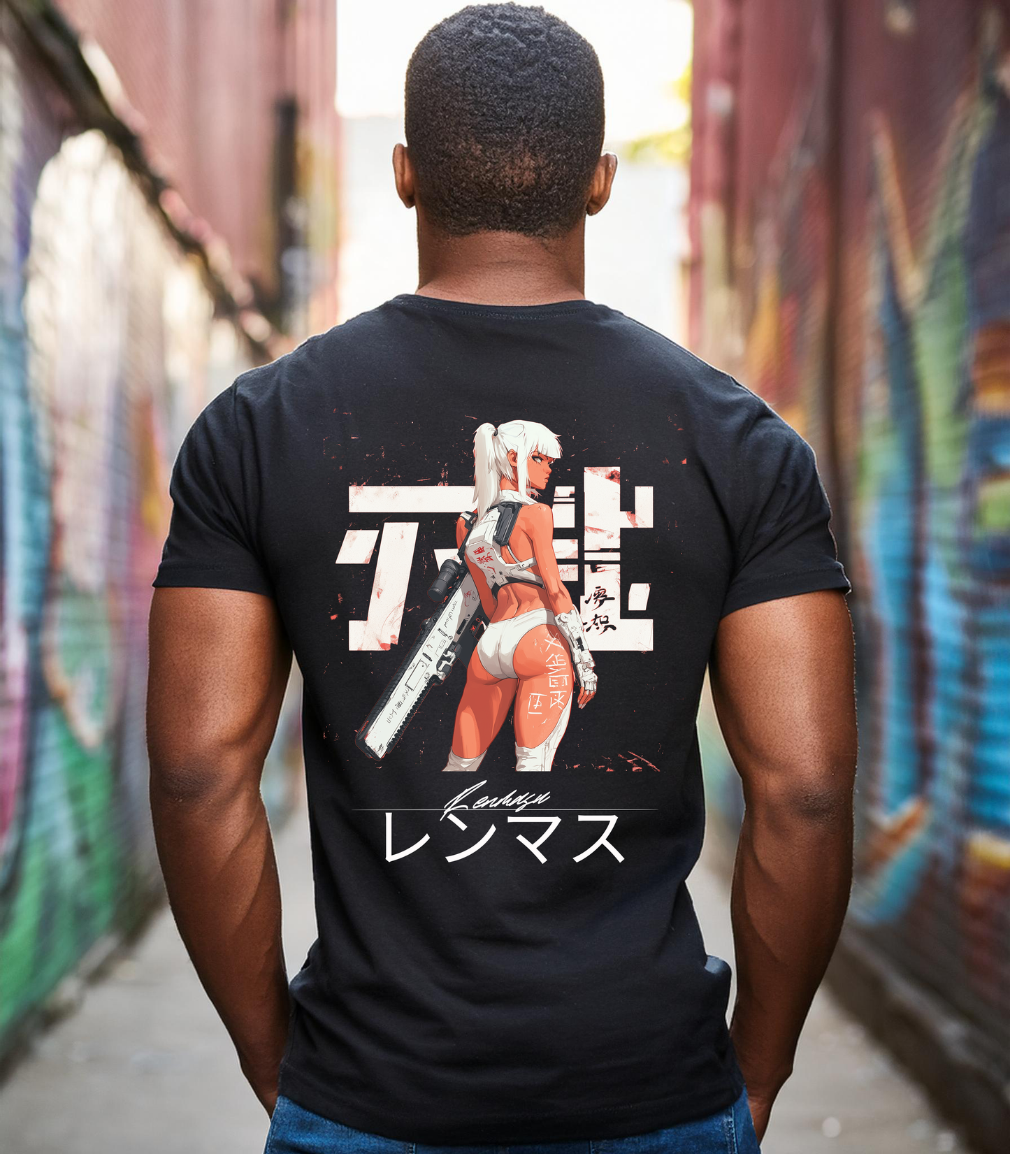 Renmasu 'Rogue Warrior' black t-shirt featuring a cyberpunk female warrior design with futuristic armor, a high-tech rifle, and Japanese kanji elements. Ideal for anime, streetwear, and gaming fashion enthusiasts seeking bold statement apparel.