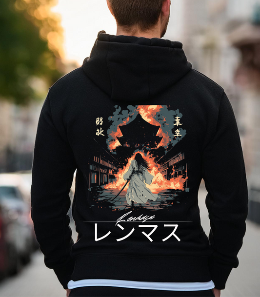 Renmasu black hoodie featuring a dramatic 'Samurai Revenge' design. The artwork depicts a lone samurai warrior standing in a burning village with flames engulfing a traditional Japanese temple in the background. Japanese kanji characters frame the scene, with the 'Renmasu' logo prominently displayed below the graphic. Ideal for streetwear fashion lovers inspired by Japanese art, warrior culture, and bold statement designs.